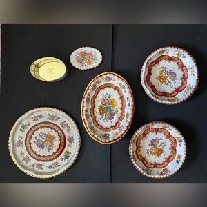 Vintage set of 6 Metal Daher  Matching Floral Tin Tray Box and Bowls, England